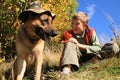 Boy and dog Ã¢â¬â sunny fall Royalty Free Stock Photo